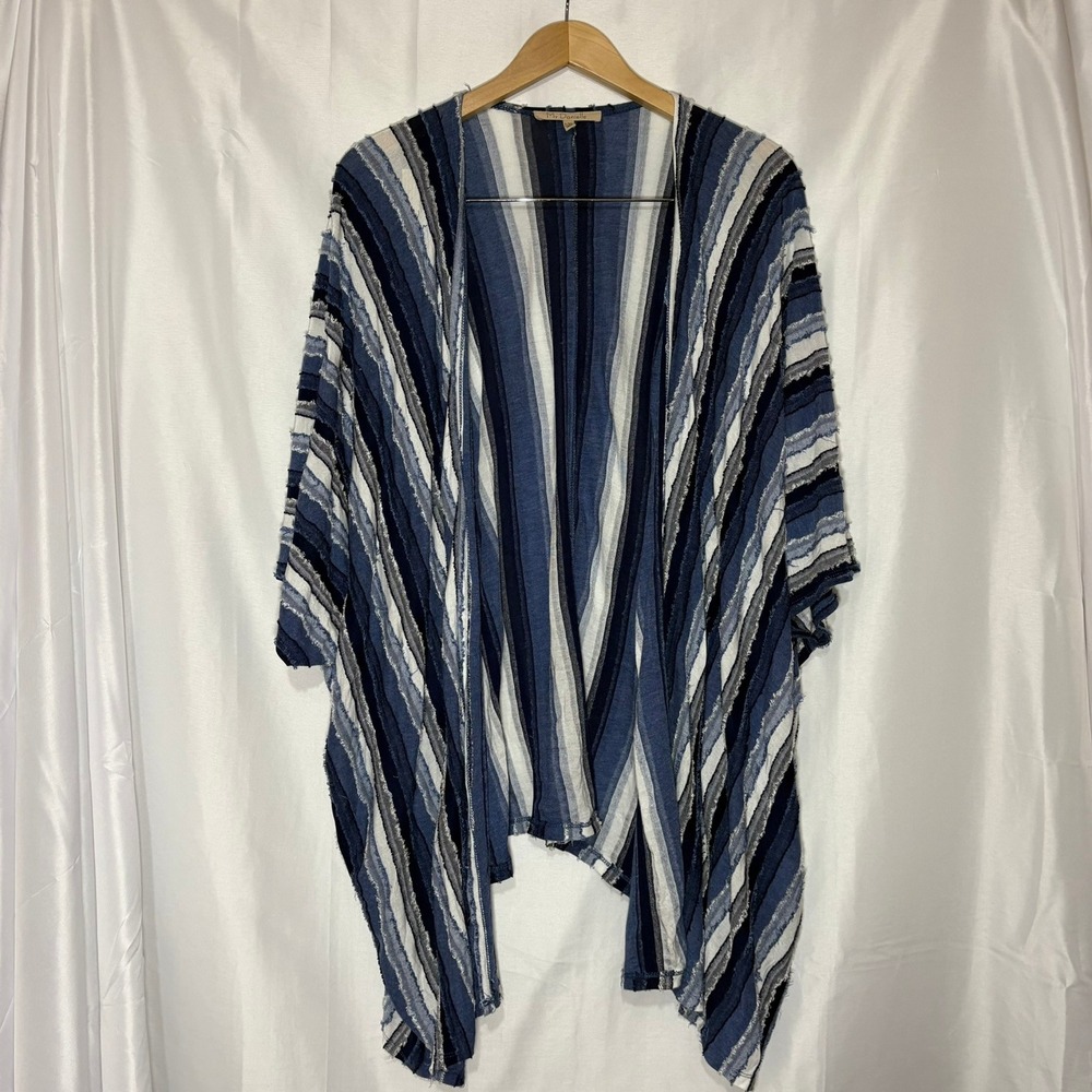 My Danielle Blue Striped‎ Open Front Kimono Cardigan Fringe L/XL